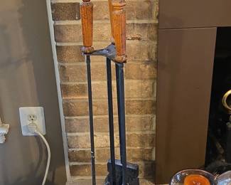 Vintage Fireplace Tool Set with Turned Wooden Handles