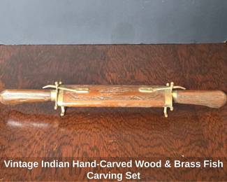 Vintage Indian HandCarved Wood Brass Fish Carving Set