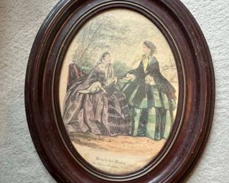 Antique French Miroir des Modes Fashion Print in Oval Frame