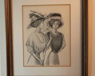 Framed Vintage Print of Two Women in Edwardian Attire