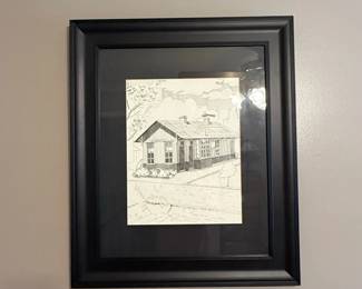 Framed Pen and Ink Drawing of a Train Station