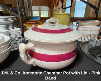 J.M. Co. Ironstone Chamber Pot with Lid Pink Band