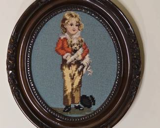 Oval Needlepoint Portrait of a Child with Dog, possibly Blue Boy after Gainsborough