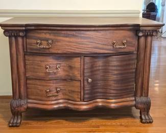 Antique Mahogany Serpentine Sideboard with Carved BallandClaw Feet and Brass Pulls