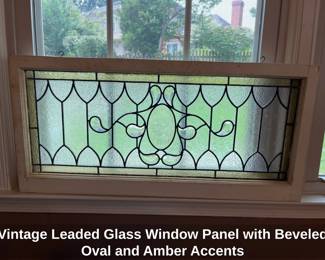 Vintage Leaded Glass Window Panel with Beveled Oval and Amber Accents