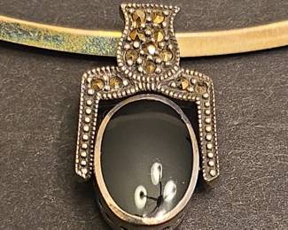 Reversible Onyx and Mother of Pearl Sterling Silver Choker Necklace with Marcasite