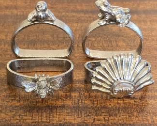 Set of Pewter Napkin Rings Frog, Bird, Bee, Fan