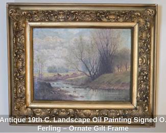 Antique th C. Landscape Oil Painting Signed O. Ferling Ornate Gilt Frame