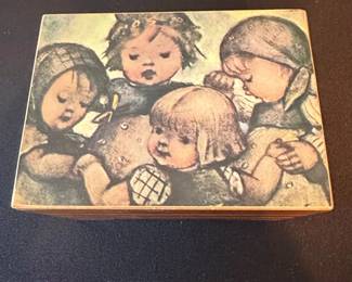 Vintage Hummel Style Wooden Music Box with Children Illustration and Sankyo Movement