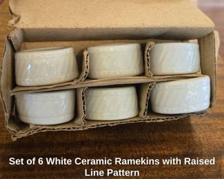 Set of White Ceramic Ramekins with Raised Line Pattern