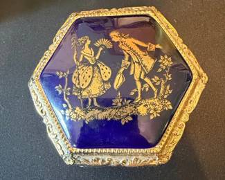 Hexagonal Limoges Cobalt Blue and Gilt Metal Music Box with Courting Couple Scene
