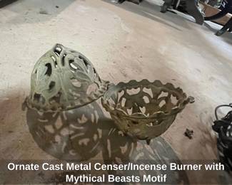 Ornate Cast Metal Censer or Incense Burner with Mythical Beasts Motif