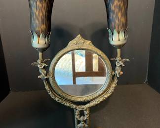 Art Nouveau Cherub and Tortoiseshell Glass Vanity Lamp with Mirror