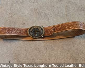 VintageStyle Texas Longhorn Tooled Leather Belt