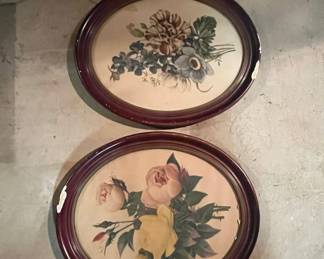 Vintage Oval Framed Floral Lithographs Set of