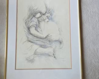 Mother and Child Charcoal Drawing by M. Zappe, Limited Edition or