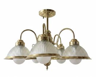 Brass and Ribbed Frosted Glass Chandelier