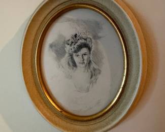 Vintage Oval Pencil Drawing of a Young Woman in Gilt Frame