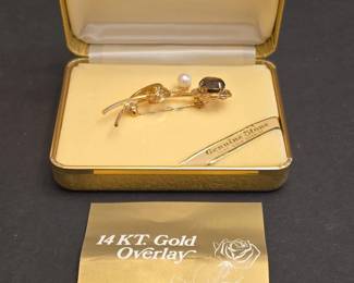 14K Gold Overlay Brooch with Smoky Quartz and Pearl