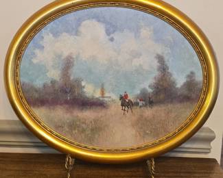 Oval Hunting Scene Oil Painting by J. Llewelyn