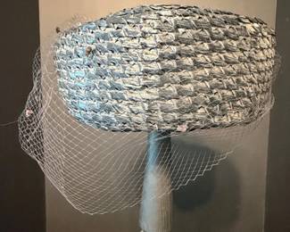 Vintage Woven Straw Pillbox Hat with Veil and Ribbon