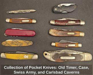 Collection of Pocket Knives Old Timer, Case, Swiss Army, and Carlsbad Caverns