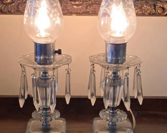 Pair of Vintage Etched Glass Boudoir Lamps with Crystal Prisms
