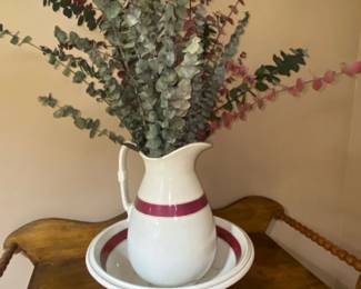 Antique Ironstone Wash Basin and Pitcher Set with Burgundy Band