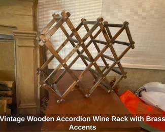 Vintage Wooden Accordion Wine Rack with Brass Accents