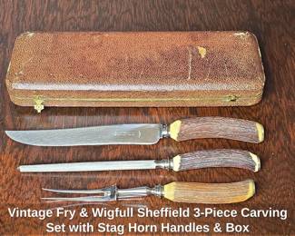 Vintage Fry Wigfull Sheffield Piece Carving Set with Stag Horn Handles Box