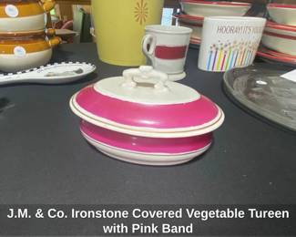 J.M. Co. Ironstone Covered Vegetable Tureen with Pink Band