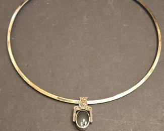 Reversible Onyx and Mother of Pearl Sterling Silver Choker Necklace with Marcasite