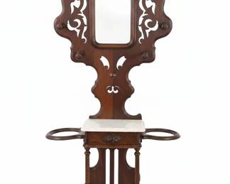 Victorian Walnut Hall Tree with Mirror and Marble Top