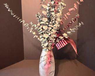 Frosted Glass Vase with Etched Floral Design and Dried Eucalyptus Arrangement
