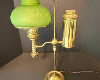 Victorian Brass Student Oil Lamp with Frosted Green Eagle Embossed Glass Shade