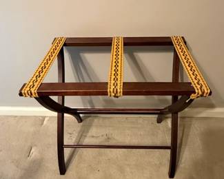 Vintage Wooden Luggage Rack with Geometric Woven Straps