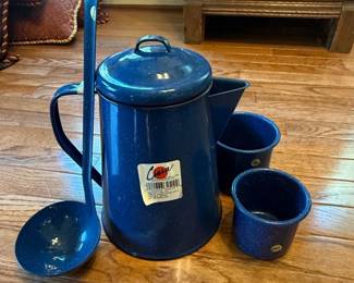 Cinsa Blue Speckled Enamel Coffee Pot with Ladle and Two Cups
