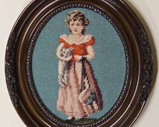 Oval Needlepoint Portrait of a Girl with a Cat