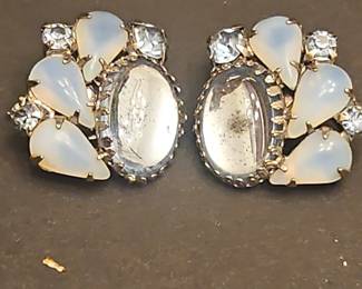 Vintage Milk Glass and Rhinestone Cluster Earrings
