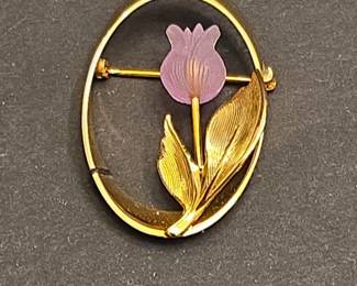 Gold Tone Tulip Brooch with Purple Flower and Leaf