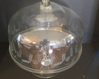 Etched Glass Cake Stand with Dome