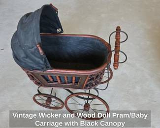 Vintage Wicker and Wood Doll Pram or Baby Carriage with Black Canopy