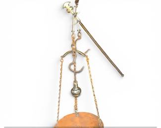 Antique Brass Beam Scale with Copper Pan and Griffin Finial