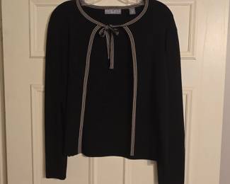 Kate Hill Petite Black Cream Striped Tie Neck Sweater