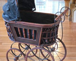 Vintage Wicker and Wood Doll Pram or Baby Carriage