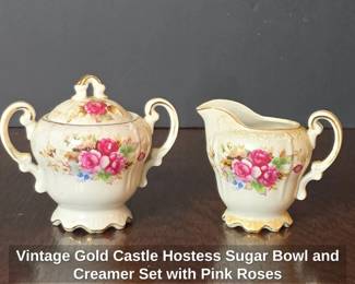 Vintage Gold Castle Hostess Sugar Bowl and Creamer Set with Pink Roses