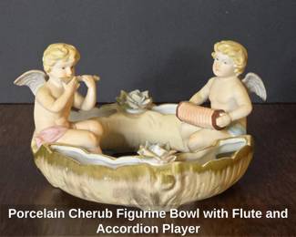 Porcelain Cherub Figurine Bowl with Flute and Accordion Player