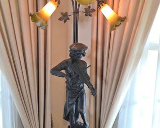 Art Nouveau Bronze Effect Lamp with Musician Figurine and Tulip Shades
