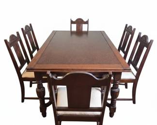 Antique Jacobean Style Oak Dining Table and Chairs Set