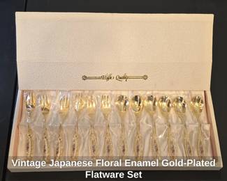 Vintage Japanese Floral Enamel GoldPlated Flatware Set